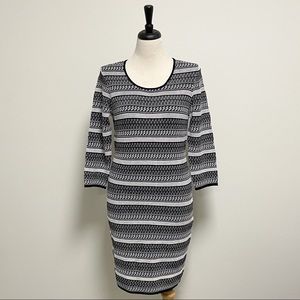 Catherine Maladrino Black White Textured Knit 3/4 Sleeve Bodycon Dress NWT Large